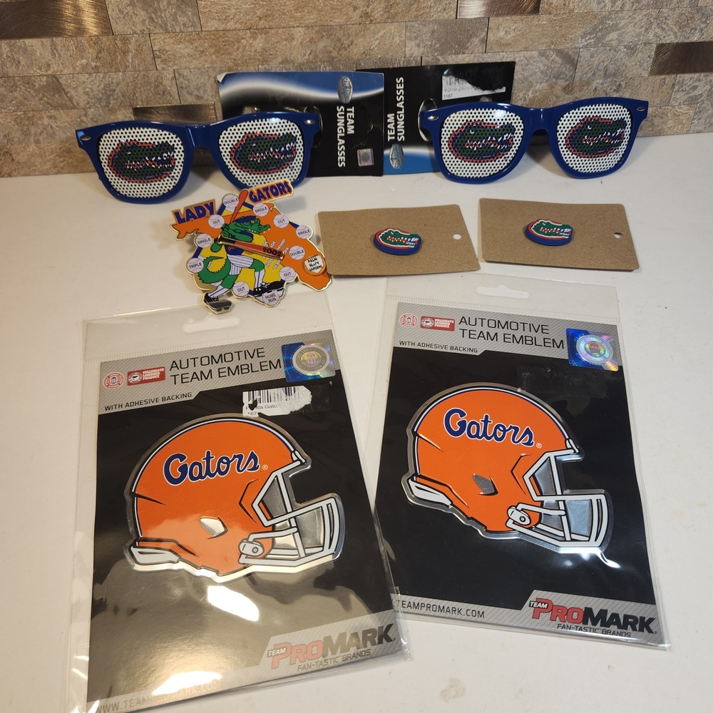 Florida Gators Fan Bundle 2 Car Emblems 2 Sunglasses 2 Charms 1 Pin 7pc Set